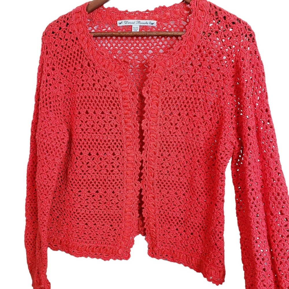 David Brooks Womens Orange Open Crochet Sweater Top XL Lightweight Stretch Used - Picture 2 of 12